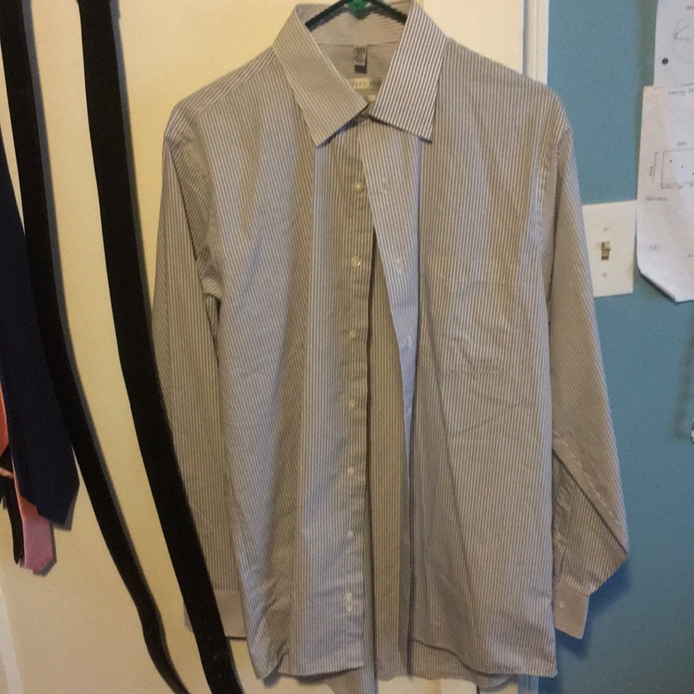 Geoffrey Beane striped gray and white shirt